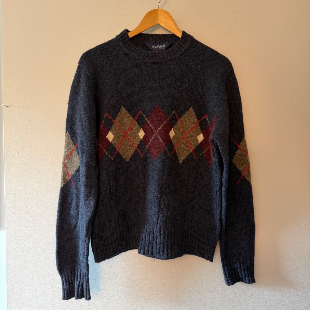 Allen Wickfield Mens Shetland Wool Argyle Sweater Gray Crewneck Large Vintage